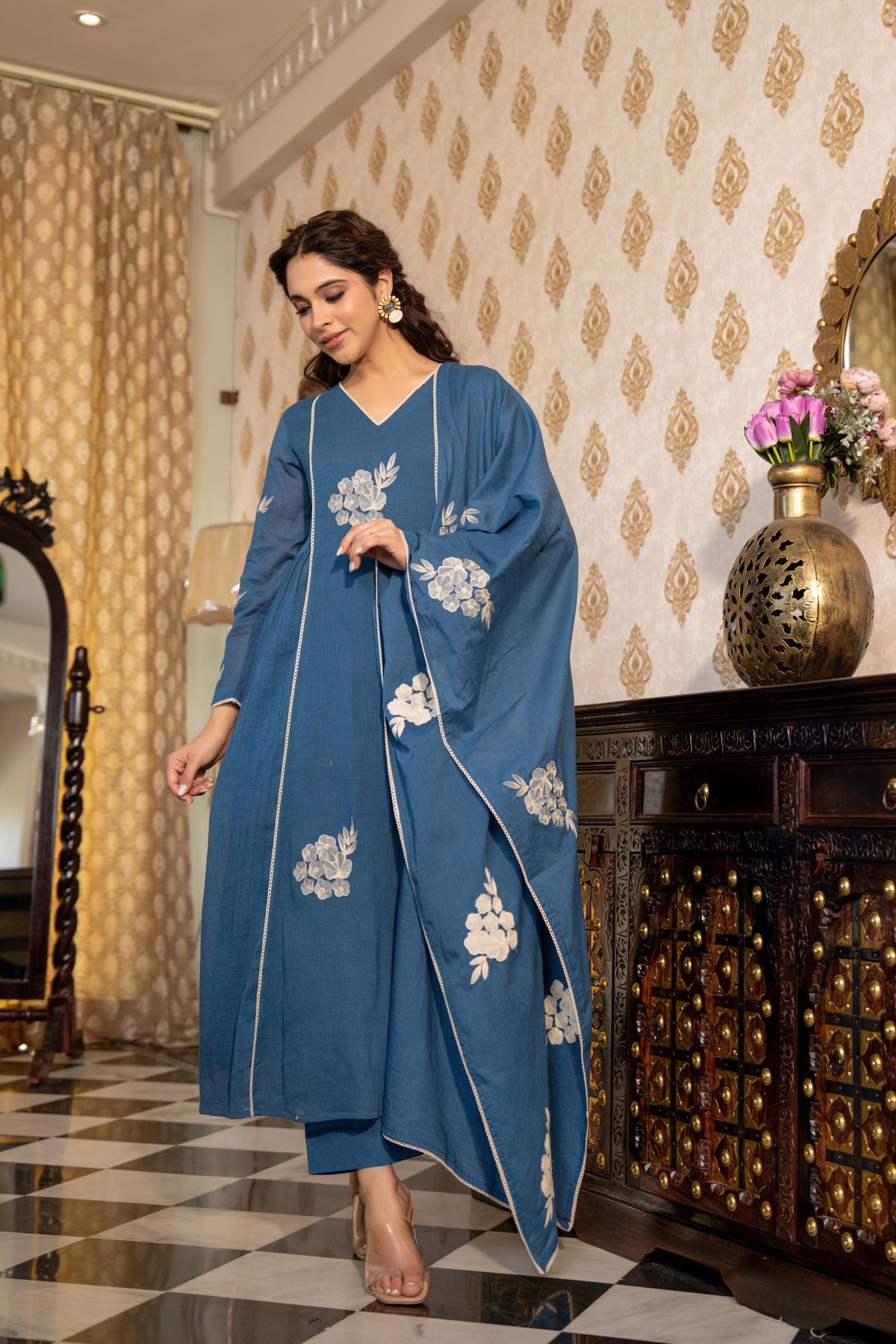 Blue mul cotton embroidered lining full suit set