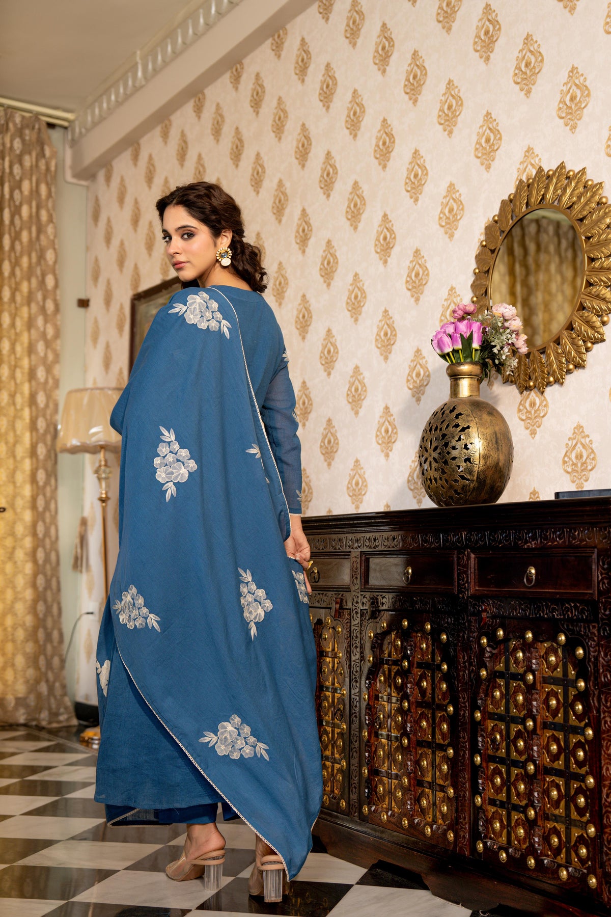 Blue mul cotton embroidered lining full suit set