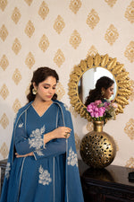 Blue mul cotton embroidered lining full suit set