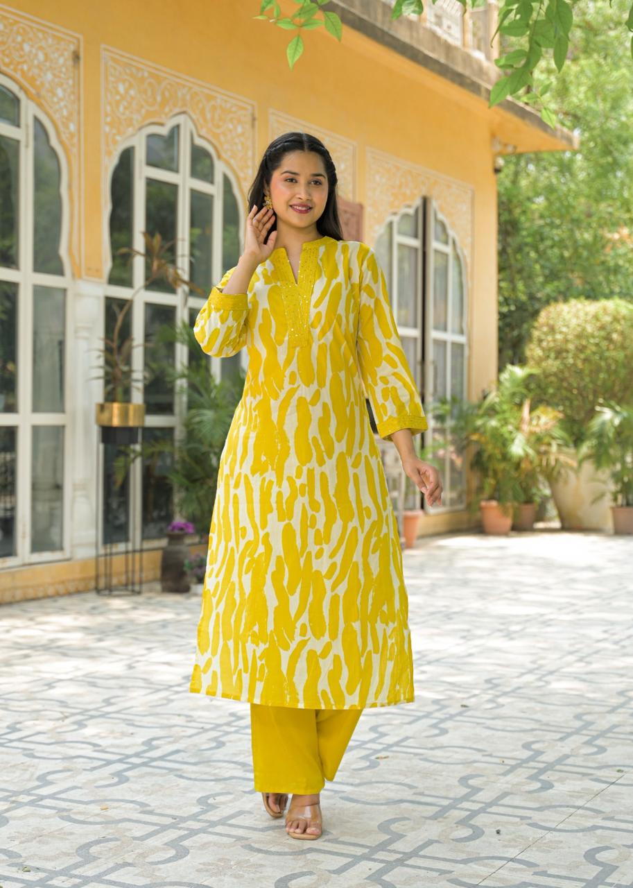 Cotton kurta pant in yellow