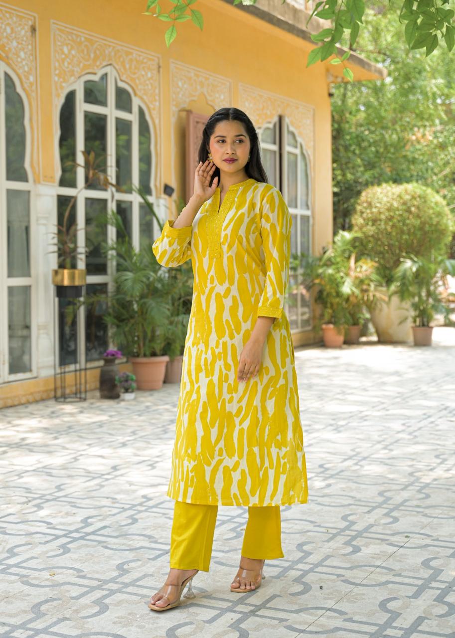 Cotton kurta pant in yellow