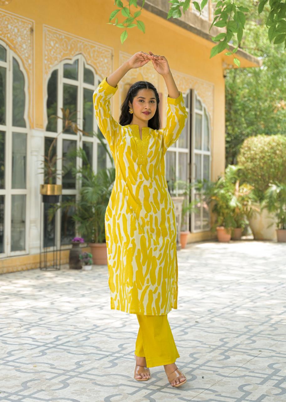 Cotton kurta pant in yellow