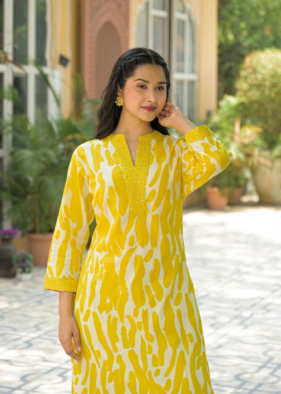 Cotton kurta pant in yellow