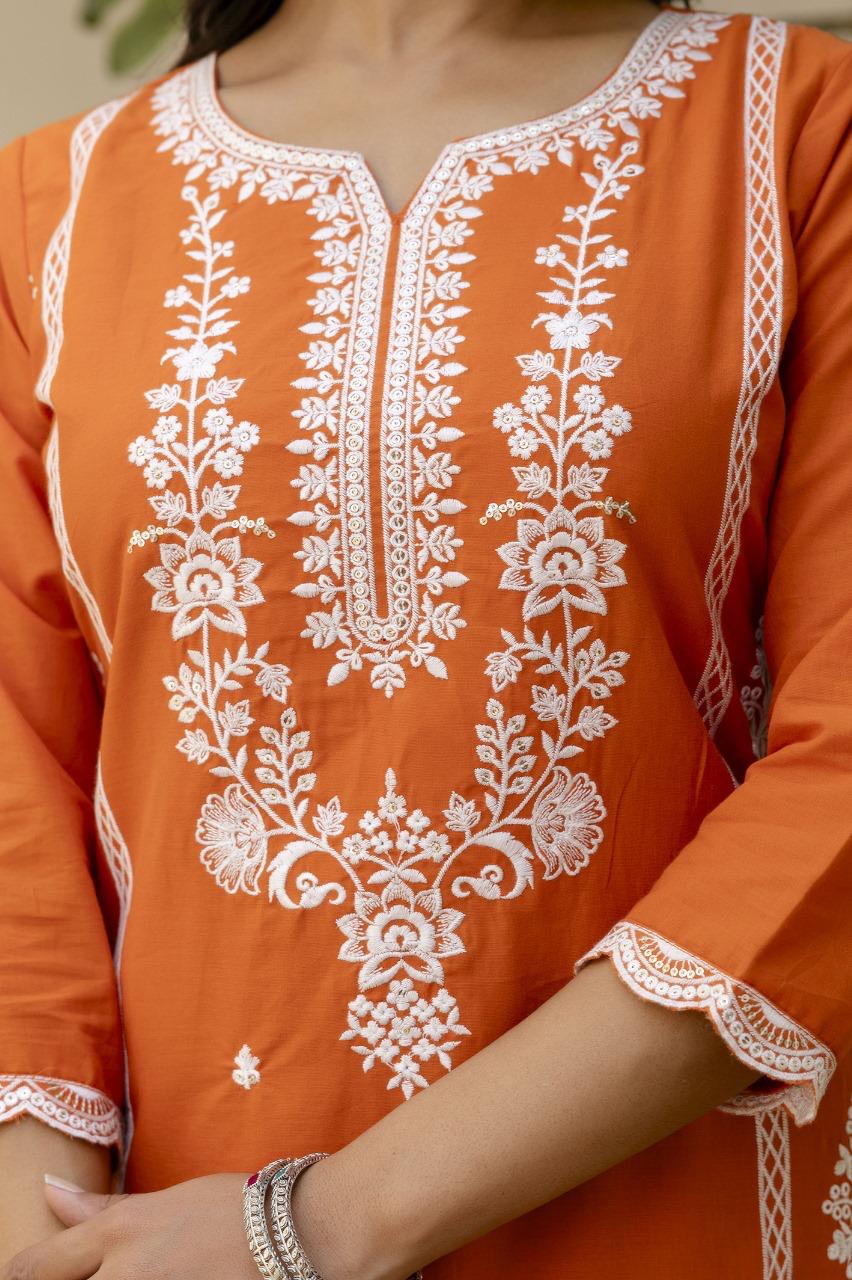 Pure cotton embroidered full suit set in rust
