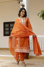 Pure cotton embroidered full suit set in rust