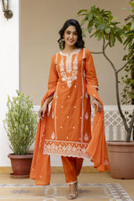 Pure cotton embroidered full suit set in rust
