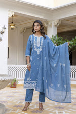 Pure cotton embroidered full suit set in blue