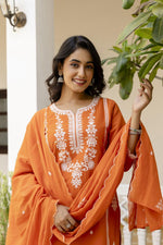 Pure cotton embroidered full suit set in rust
