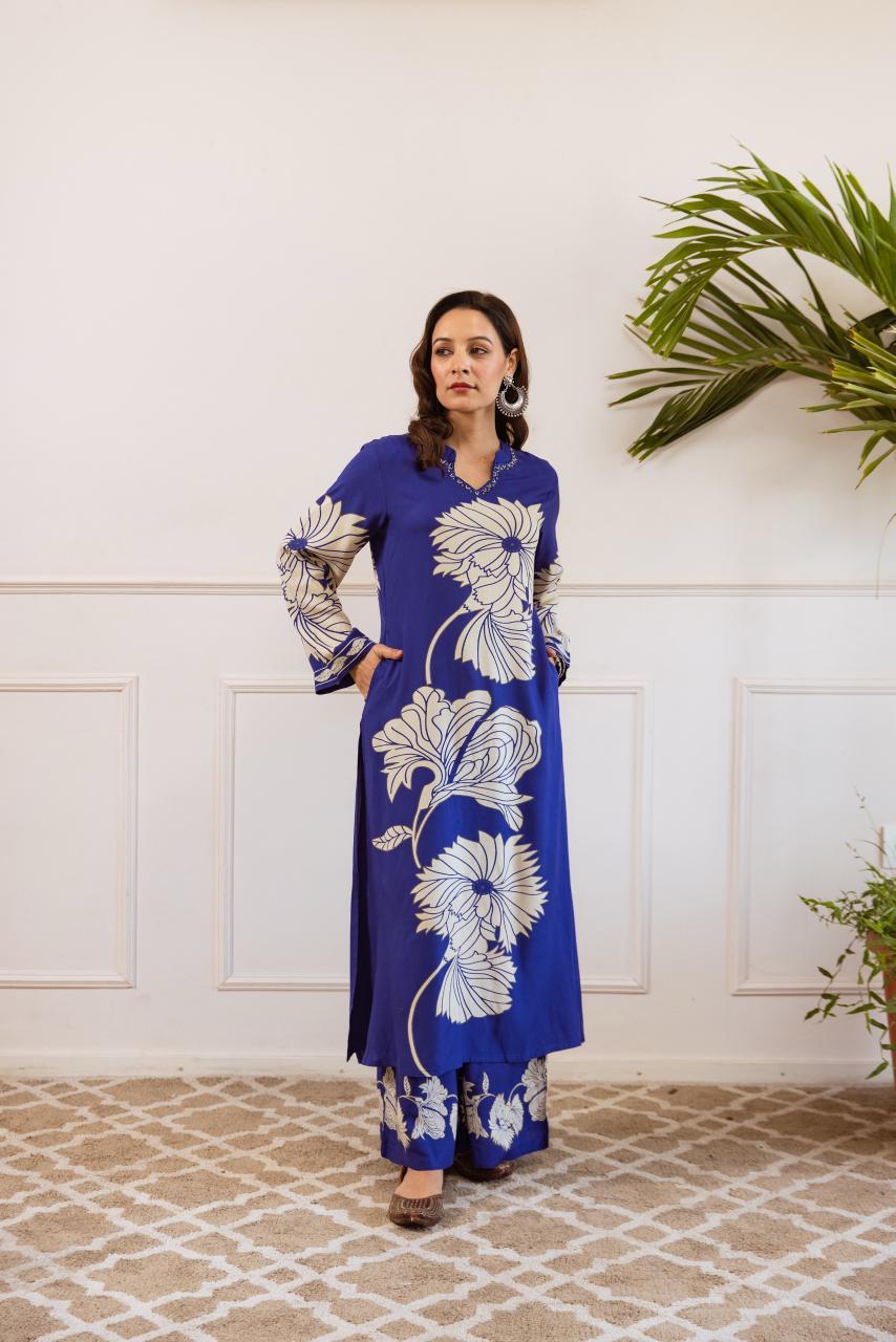 Royal blue floral rayon digital printed co ord set