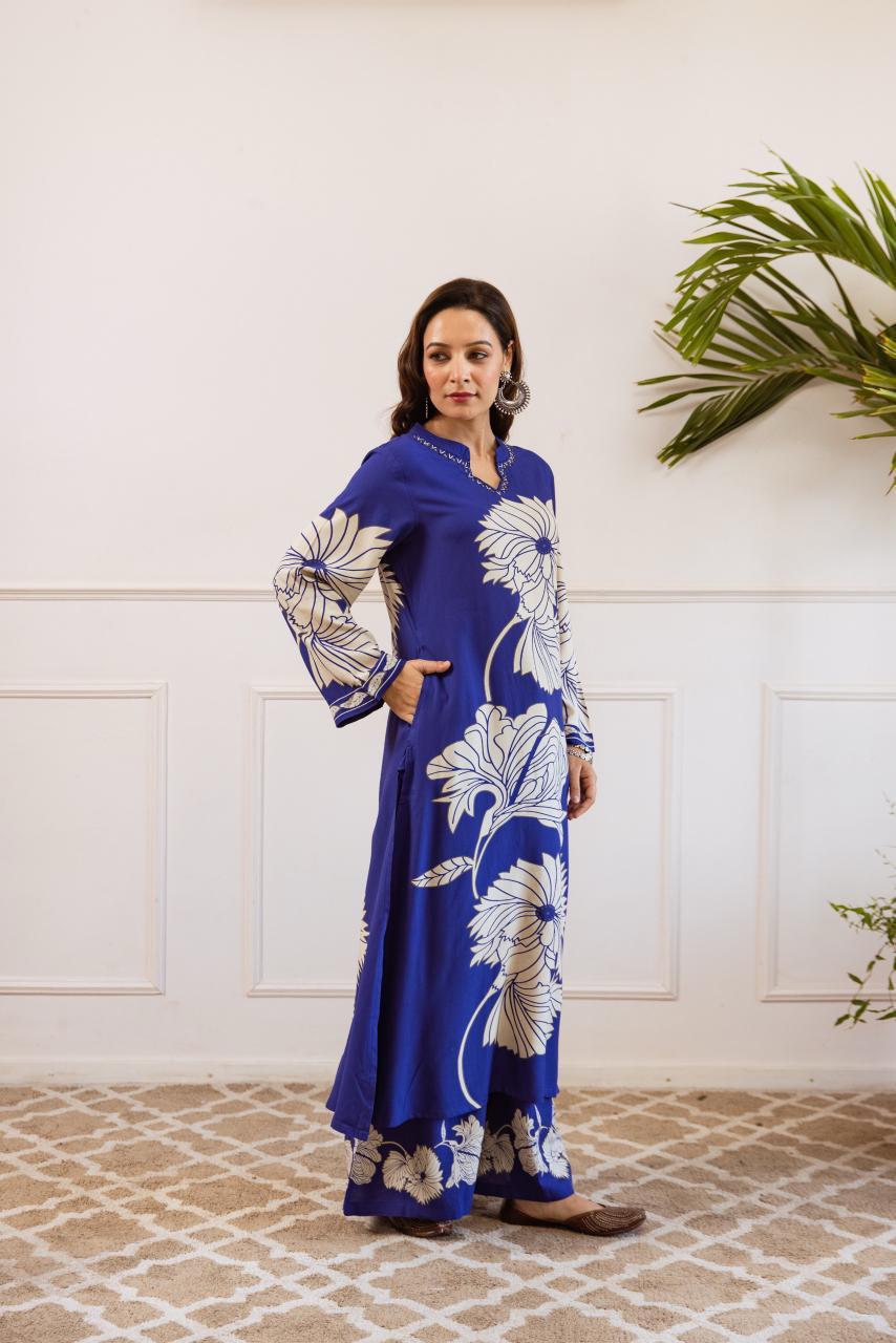 Royal blue floral rayon digital printed co ord set