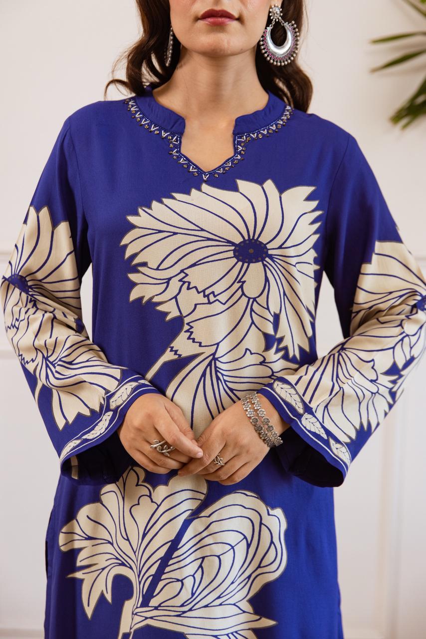Royal blue floral rayon digital printed co ord set