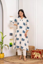 Beautiful V neck elephant cotton kurta pant
