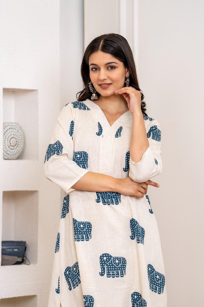 Beautiful V neck elephant cotton kurta pant