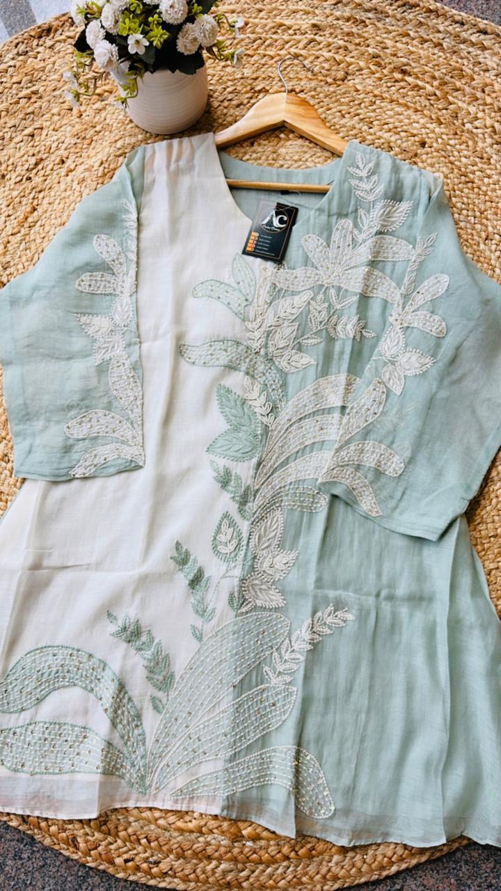 Super premium mint green Mul Chanderi with pretty handwork all over co ord set (slim fit- advisable to go for a size up) (Margin Available)