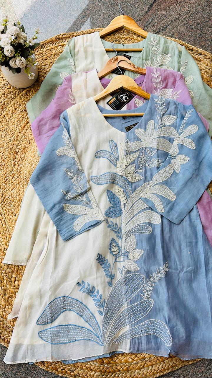 Super premium mint green Mul Chanderi with pretty handwork all over co ord set (slim fit- advisable to go for a size up) (Margin Available)