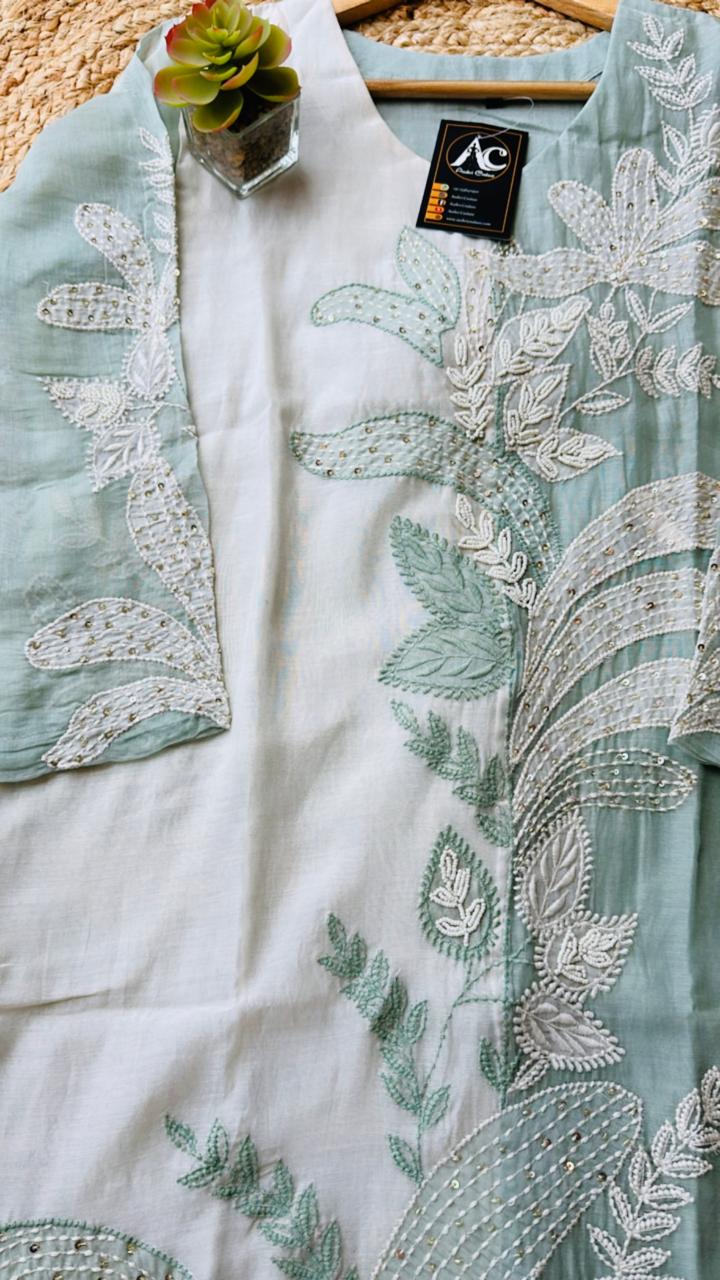 Super premium mint green Mul Chanderi with pretty handwork all over co ord set (slim fit- advisable to go for a size up) (Margin Available)