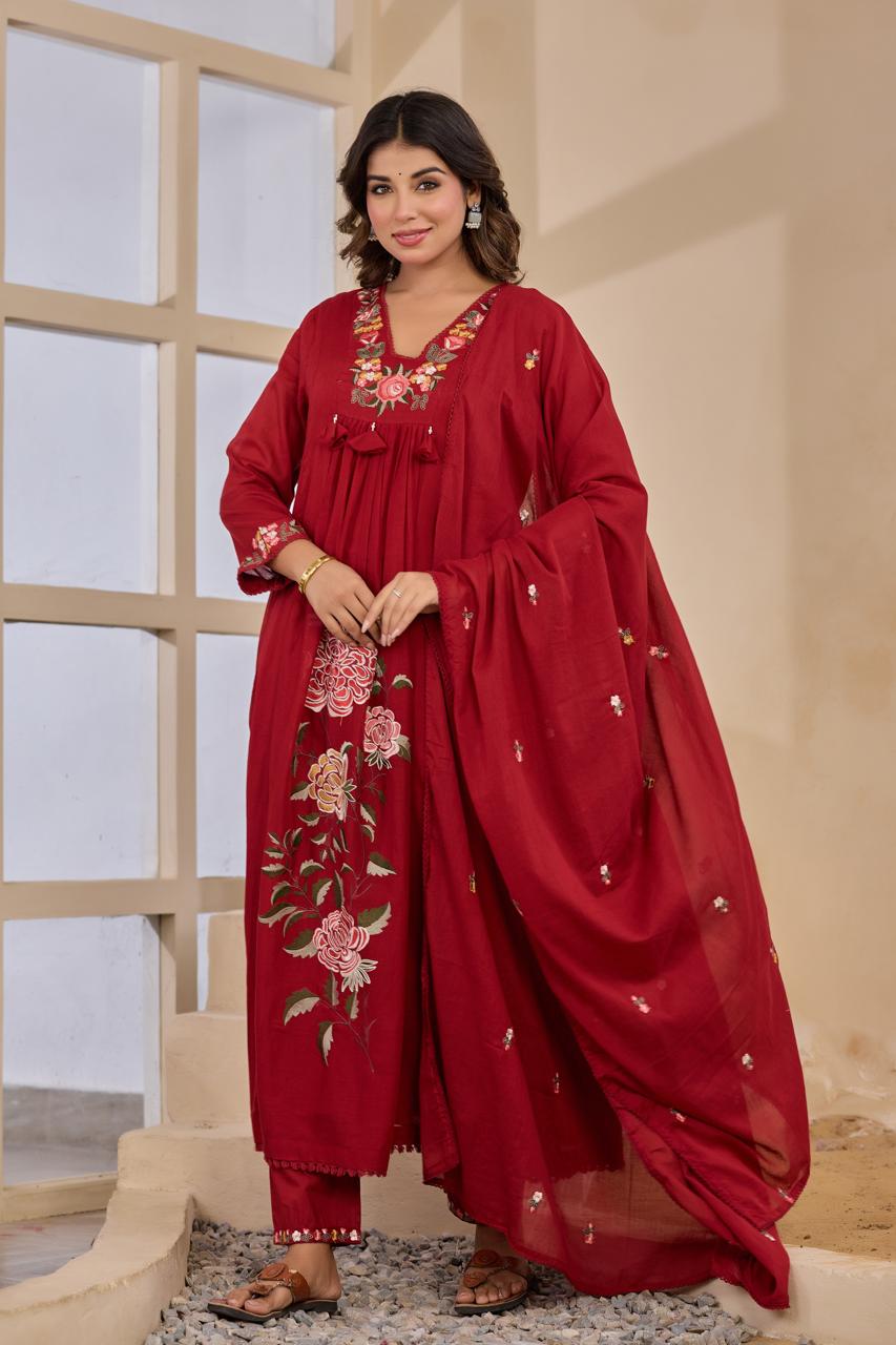 Mul cotton appliqué work full suit set