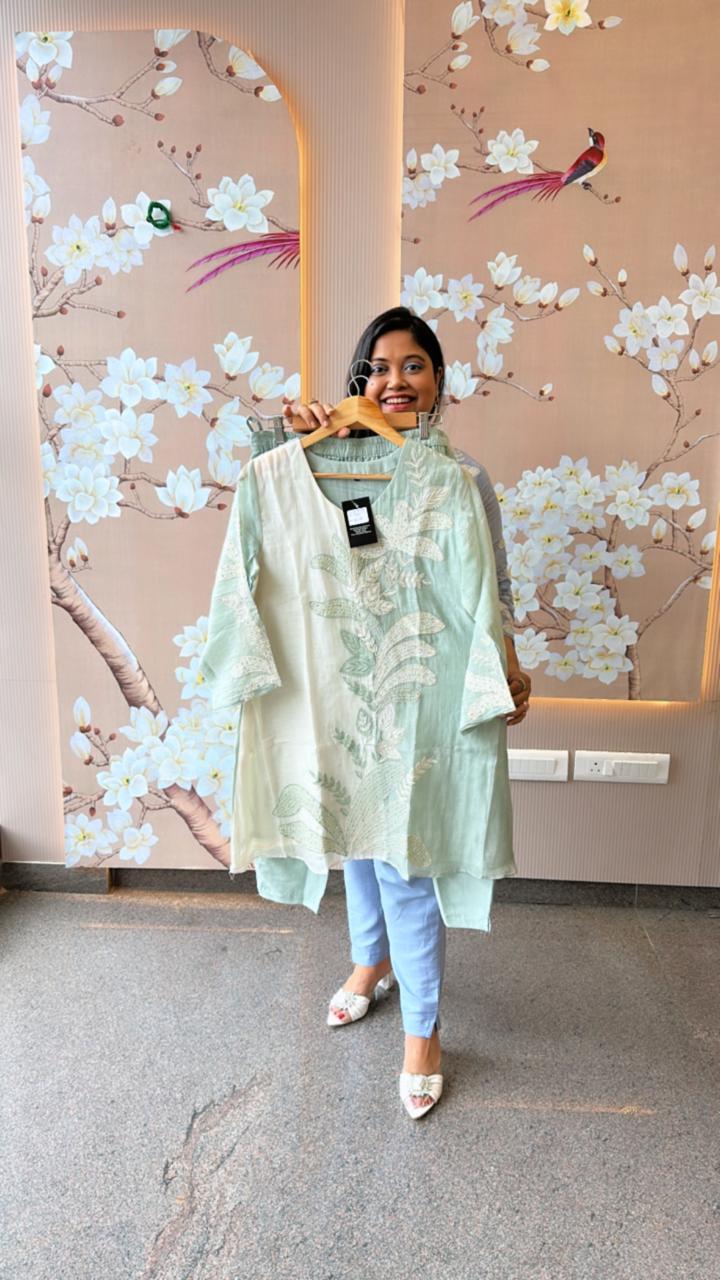 Super premium mint green Mul Chanderi with pretty handwork all over co ord set (slim fit- advisable to go for a size up) (Margin Available)