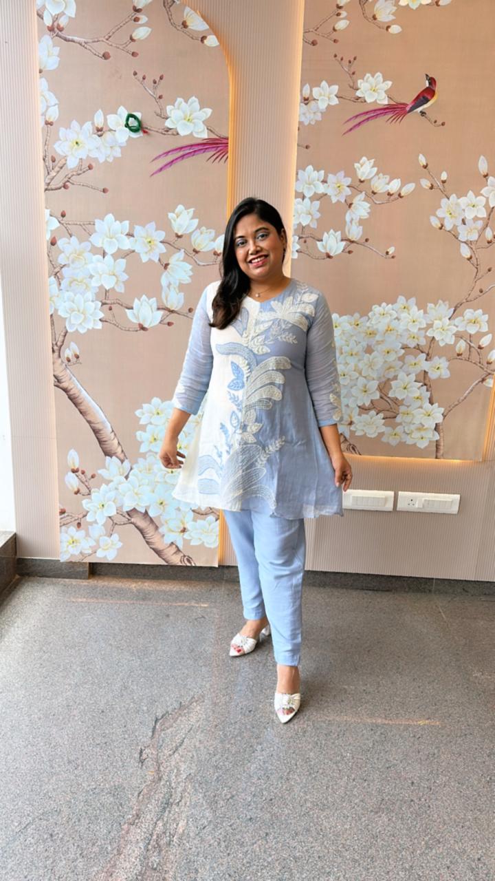 Super premium powder blue Mul Chanderi with pretty handwork all over co ord set (slim fit- advisable to go for a size up) (Margin Available)
