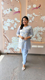 Super premium powder blue Mul Chanderi with pretty handwork all over co ord set (slim fit- advisable to go for a size up) (Margin Available)