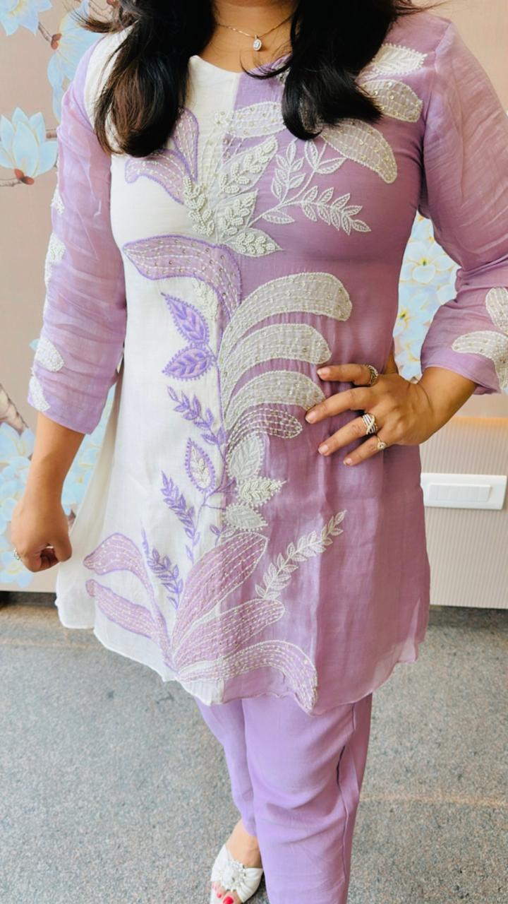 Super premium lilac Mul Chanderi with pretty handwork all over co ord set (slim fit- advisable to go for a size up) (Margin Available)