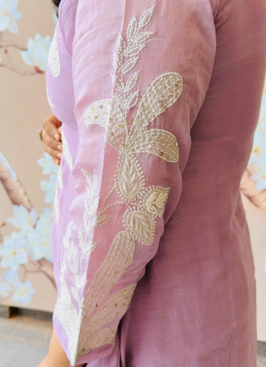 Super premium lilac Mul Chanderi with pretty handwork all over co ord set (slim fit- advisable to go for a size up) (Margin Available)