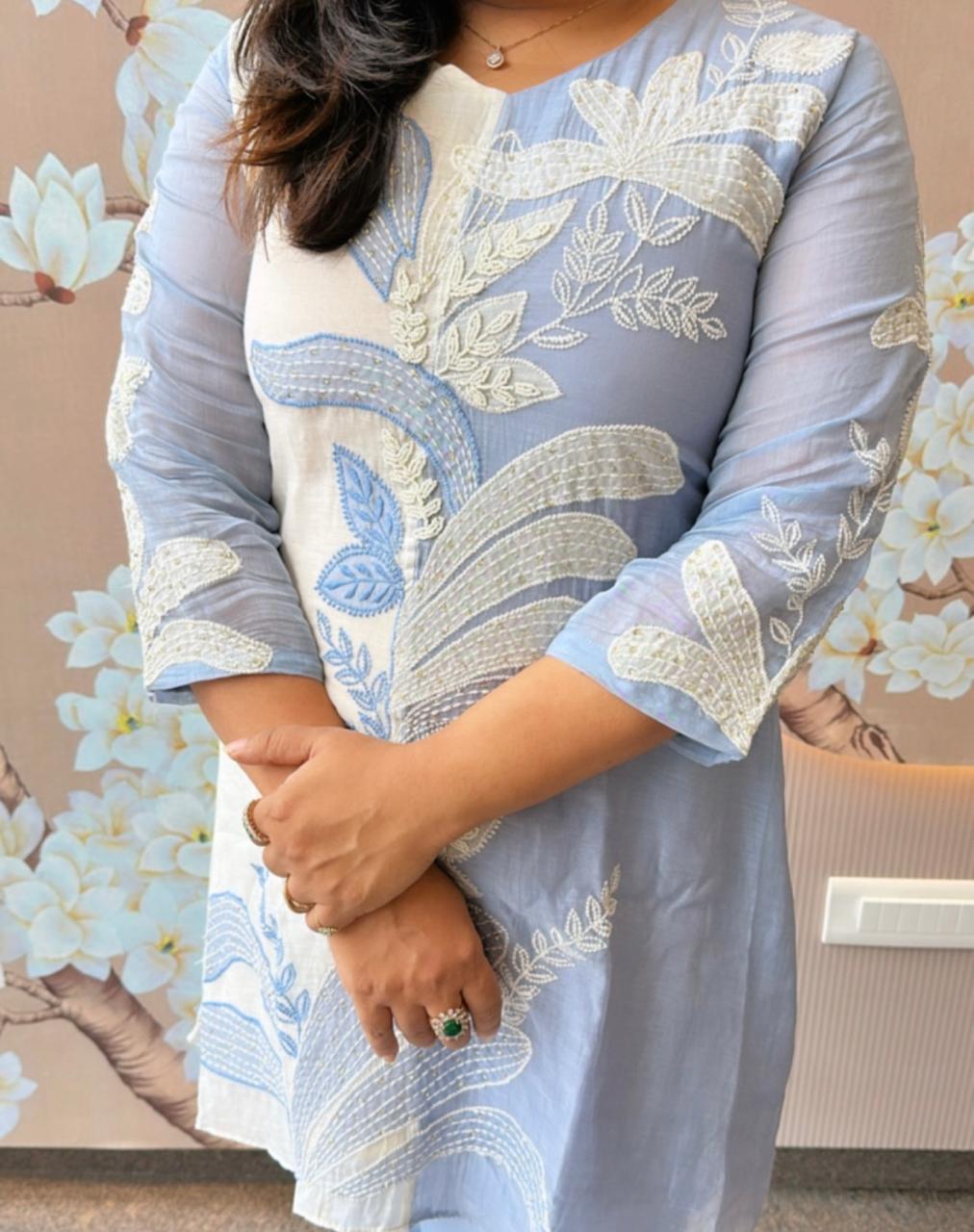 Super premium powder blue Mul Chanderi with pretty handwork all over co ord set (slim fit- advisable to go for a size up) (Margin Available)