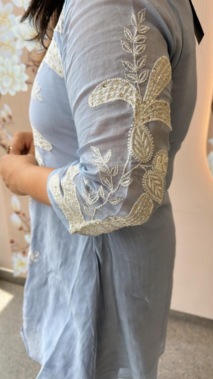 Super premium powder blue Mul Chanderi with pretty handwork all over co ord set (slim fit- advisable to go for a size up) (Margin Available)