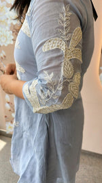 Super premium powder blue Mul Chanderi with pretty handwork all over co ord set (slim fit- advisable to go for a size up) (Margin Available)