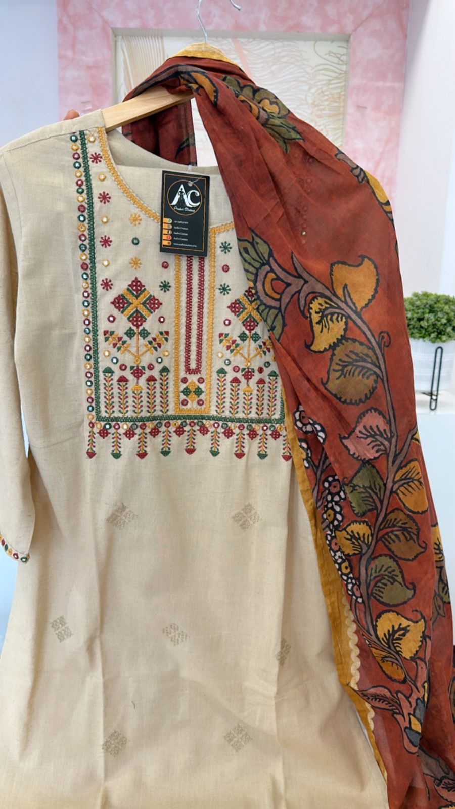 Fully embroidered cotton suit set paired with Kalamkari dupatta