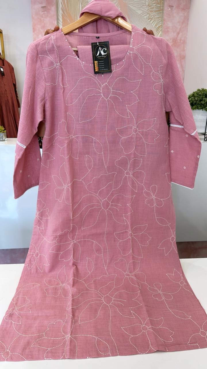 Fully embroidered cotton suit set in pink
