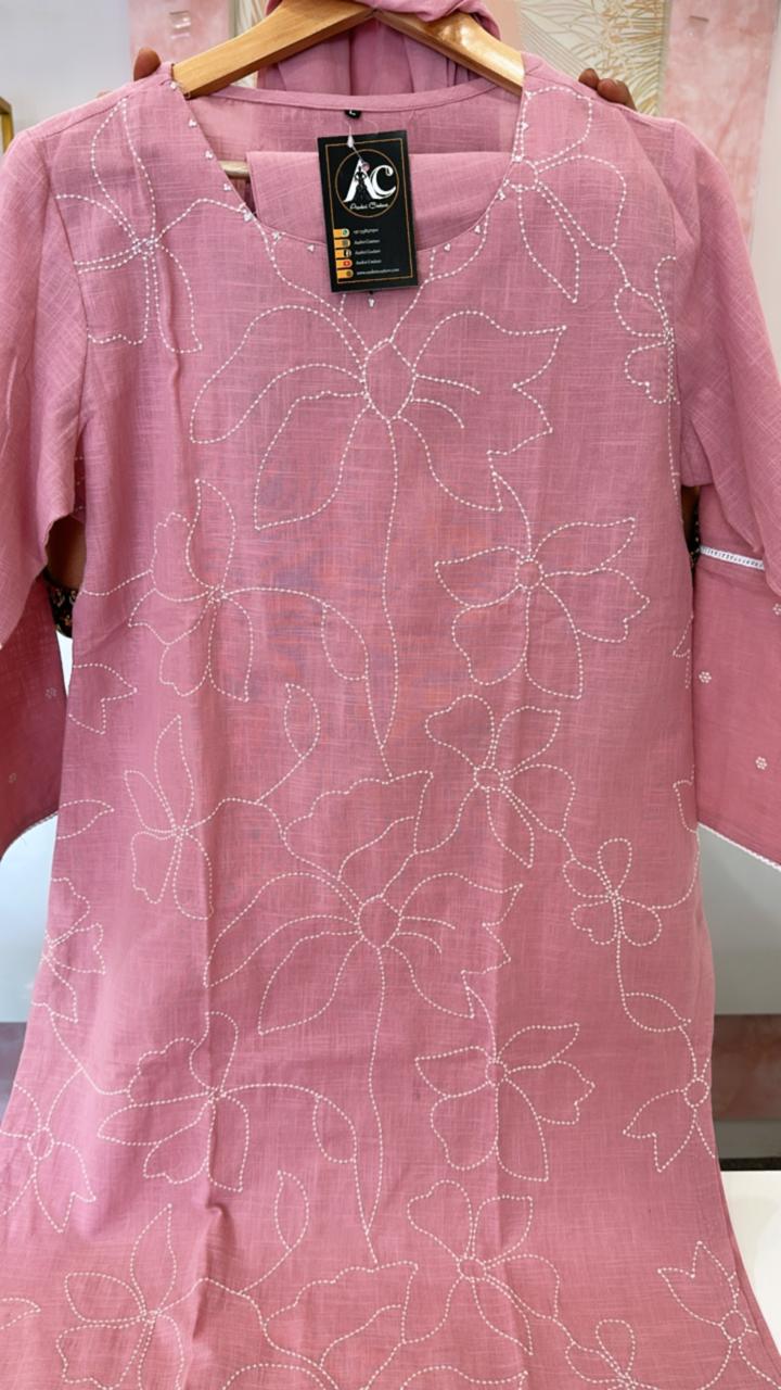 Fully embroidered cotton suit set in pink