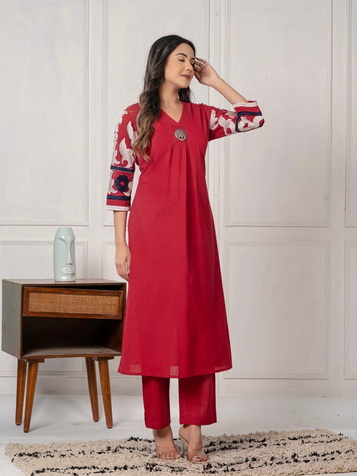 Gorgeous cotton embroidered kurta pant in red