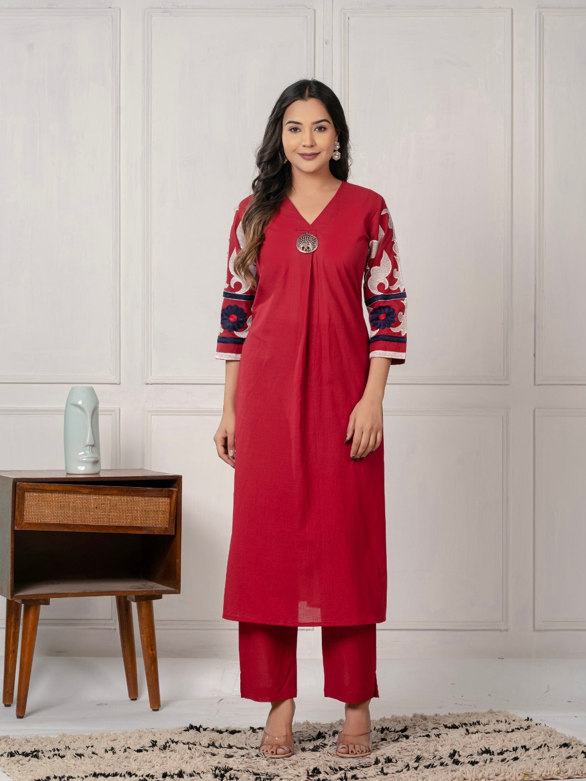 Gorgeous cotton embroidered kurta pant in red