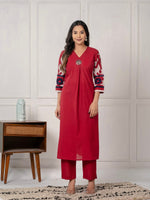 Gorgeous cotton embroidered kurta pant in red