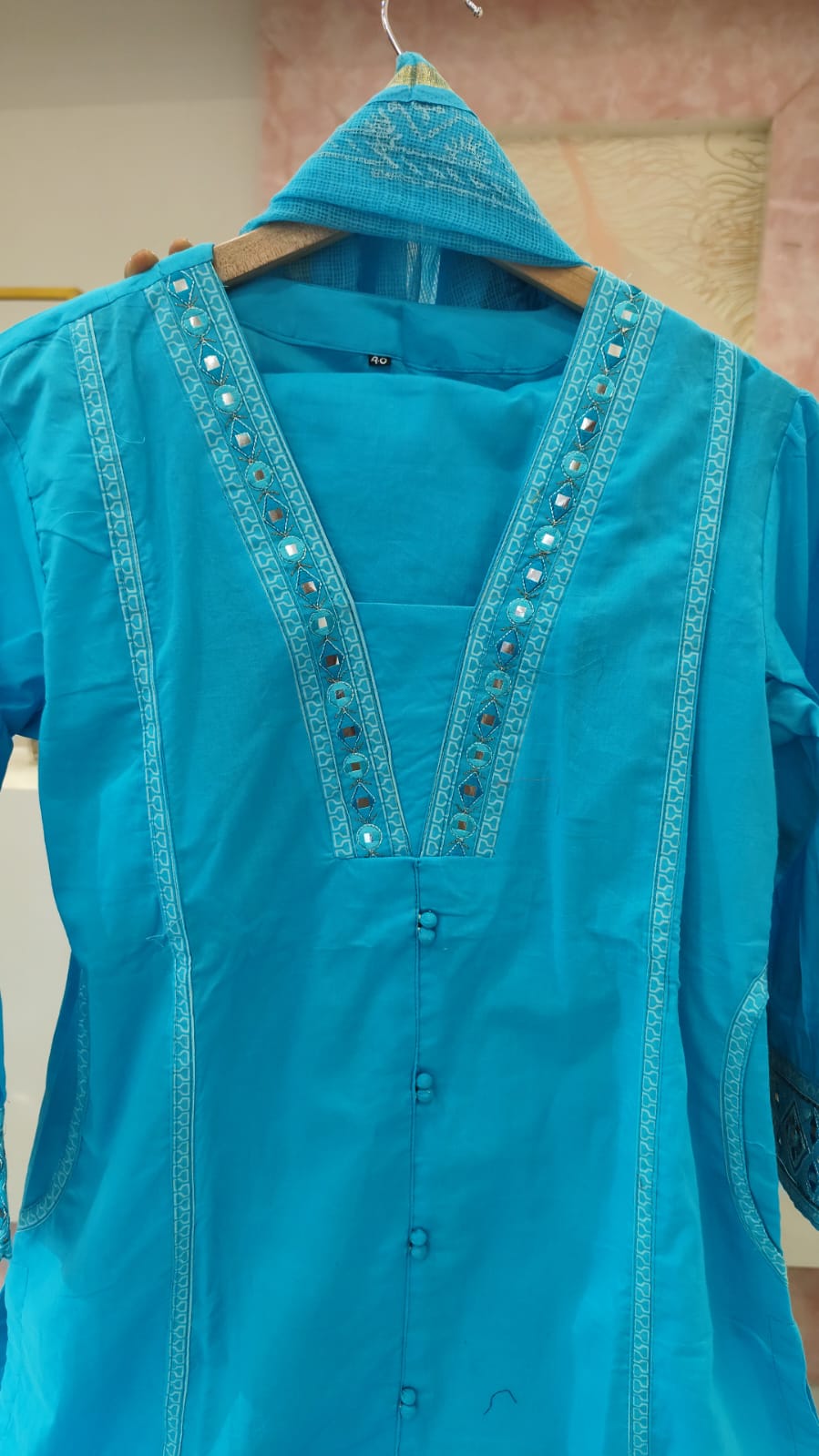 Blue pure cotton full suit set paired with soft Chanderi dupatta