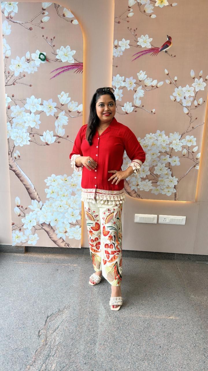 Pretty Mul silk top paired with linen cotton pants in red
