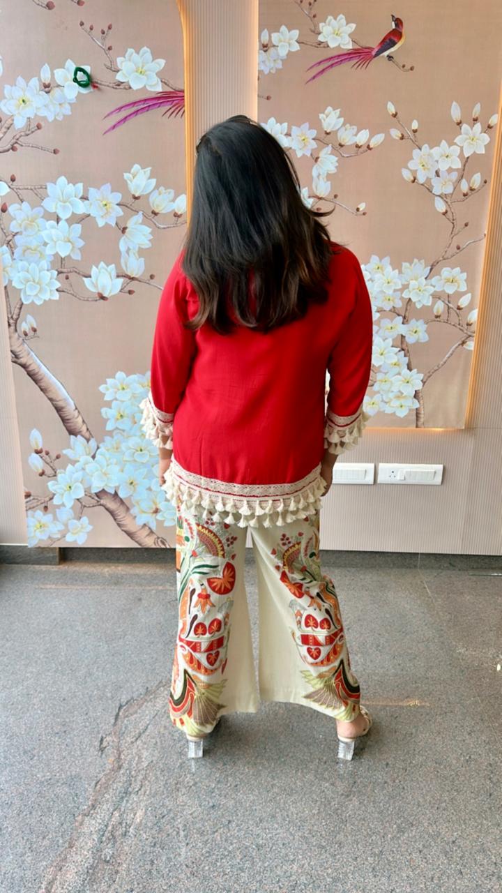 Pretty Mul silk top paired with linen cotton pants in red