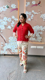 Pretty Mul silk top paired with linen cotton pants in red
