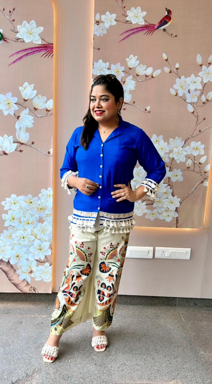 Pretty Mul silk top paired with linen cotton pants in blue