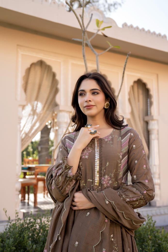Designer fully embroidered Mul Chanderi suit