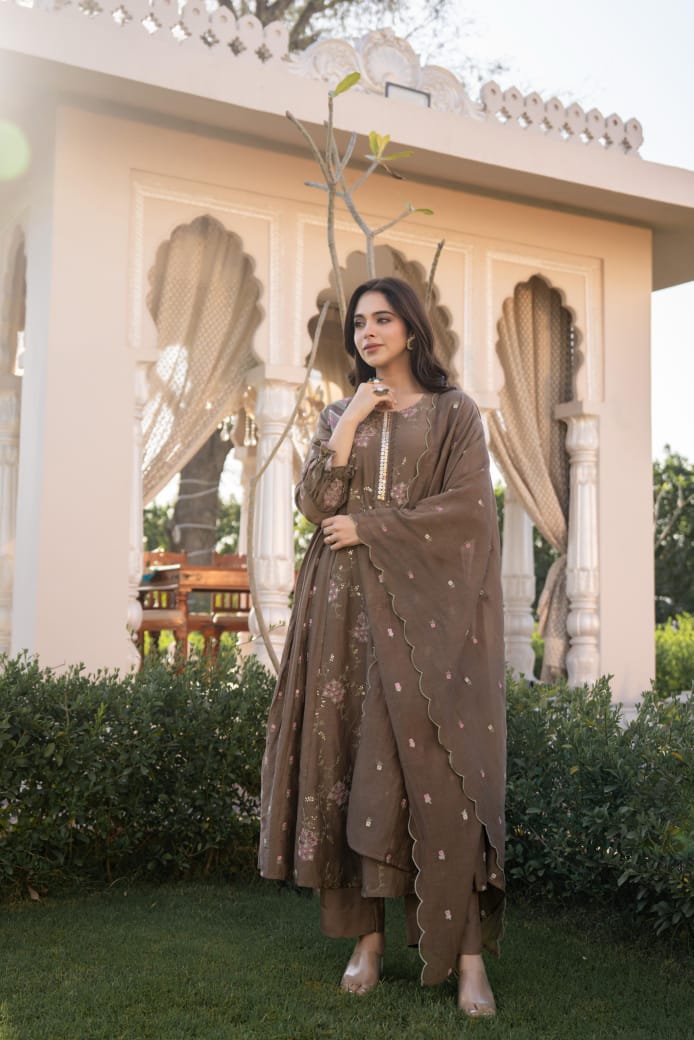 Designer fully embroidered Mul Chanderi suit