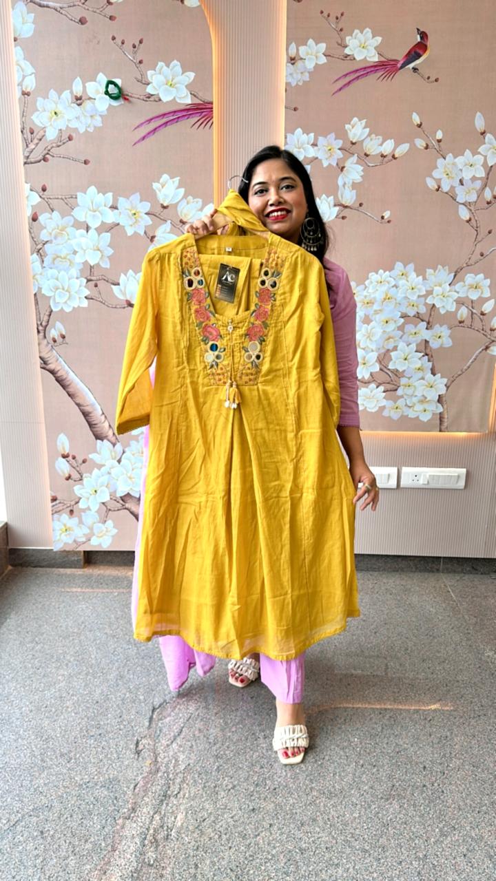 Pure Mul cotton real mirror with pearl detailing suit set with lining (true to size) in yellow