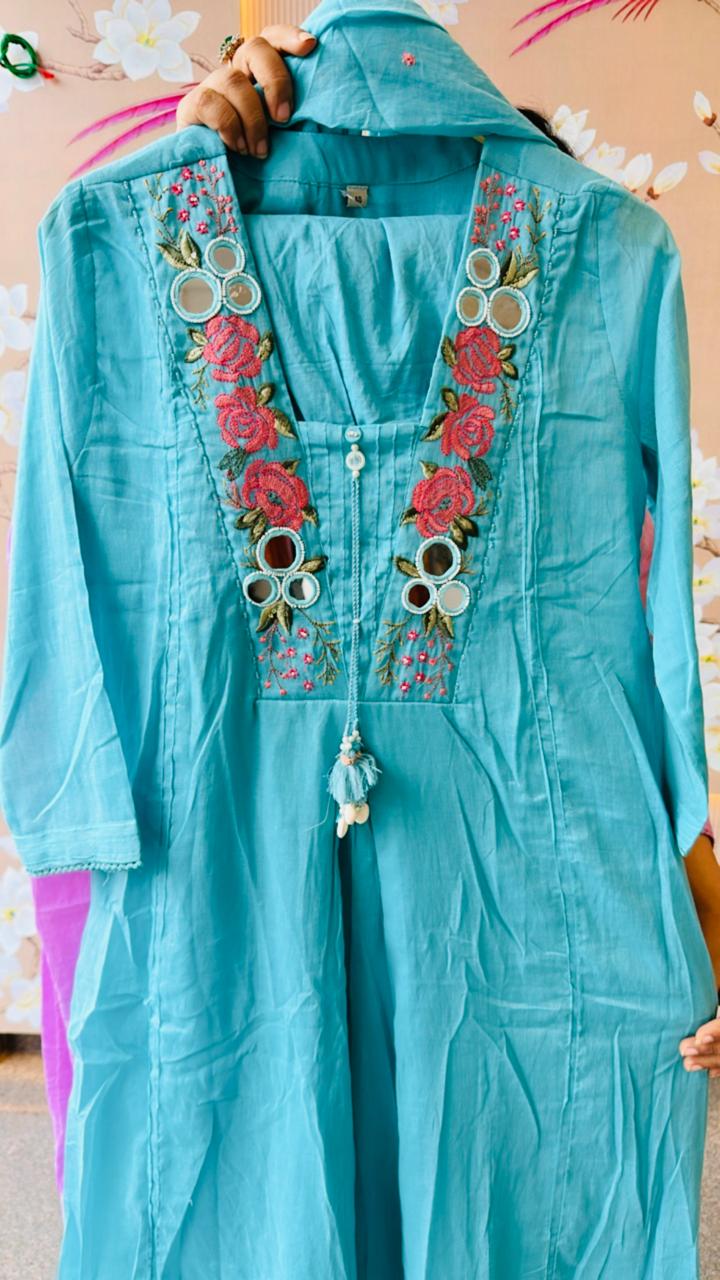 Pure Mul cotton real mirror with pearl detailing suit set with lining (true to size) in blue