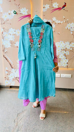 Pure Mul cotton real mirror with pearl detailing suit set with lining (true to size) in blue