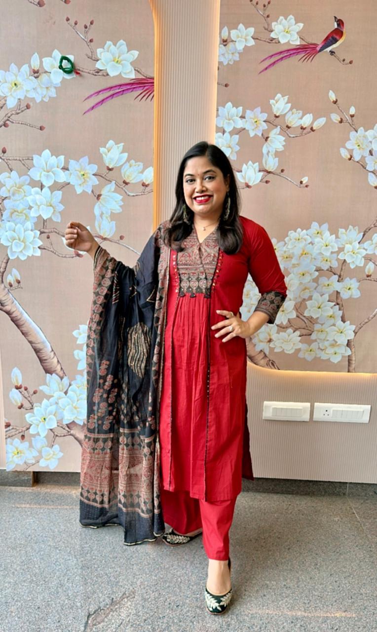 Pure cotton ajrakh printed suit set in red n black