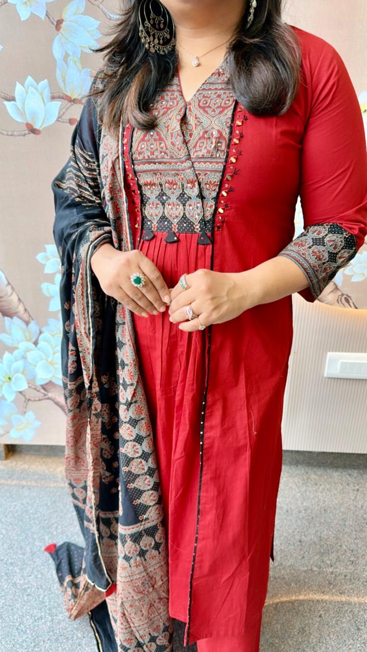Pure cotton ajrakh printed suit set in red n black
