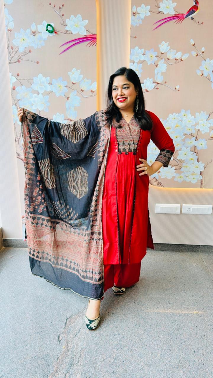 Pure cotton ajrakh printed suit set in red n black
