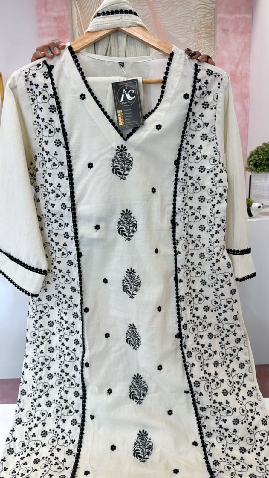 Fully embroidered cotton suit set in black n white