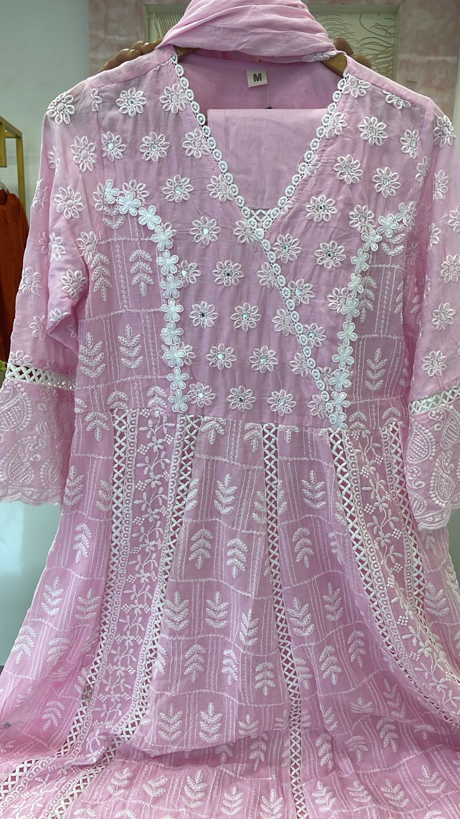 Fully embroidered Anarkali Mul cotton suit set